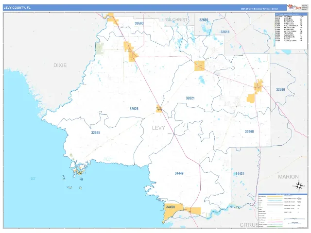 Levy County, FL ZIP Code Wall Map, Business Reference style