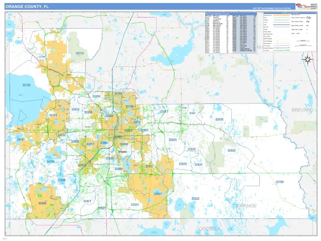 Orange County, FL ZIP Code Wall Map, Business Reference style