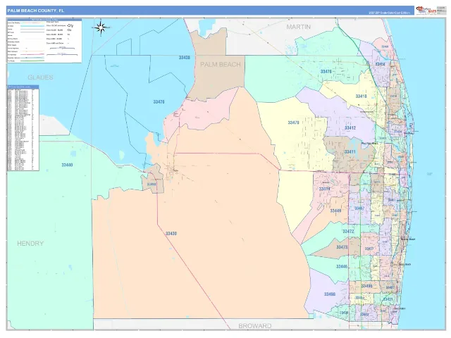 Palm Beach County, FL ZIP Code Wall Map, ColorCast style