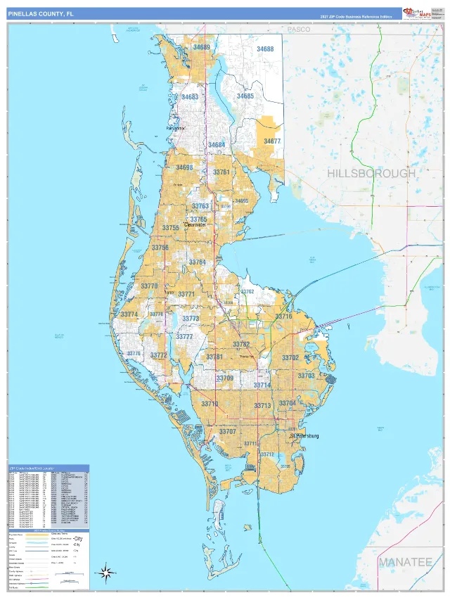 Pinellas County, FL ZIP Code Wall Map, Business Reference style