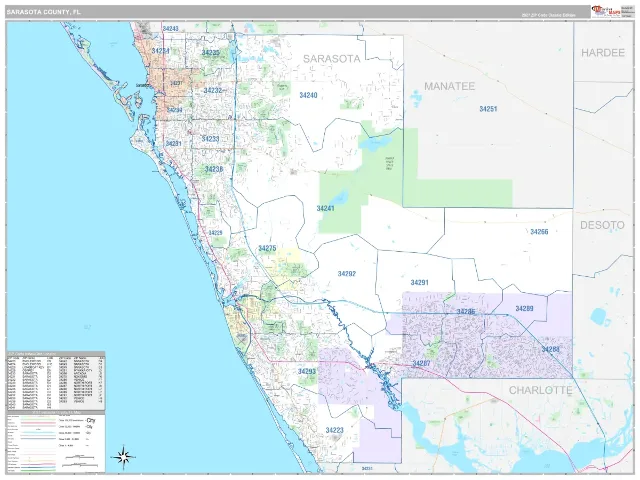 Sarasota County, FL ZIP Code Wall Map, Classic style