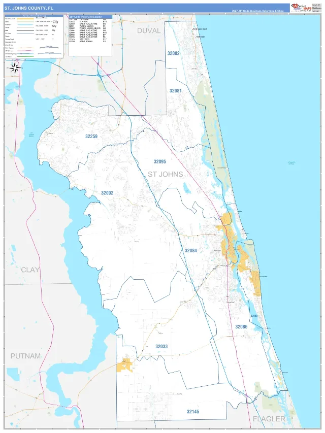 St. Johns County, FL ZIP Code Wall Map, Business Reference style