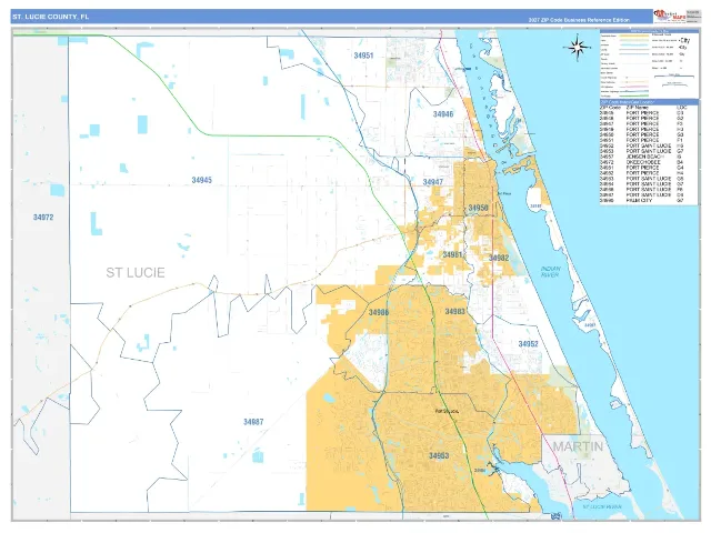 St. Lucie County, FL ZIP Code Wall Map, Business Reference style