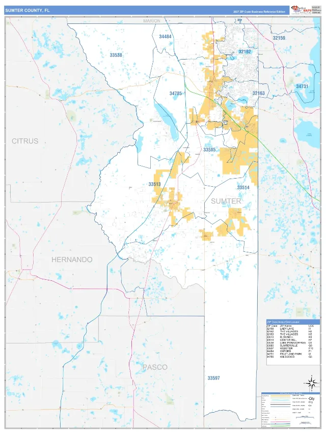 Sumter County, FL ZIP Code Wall Map, Business Reference style