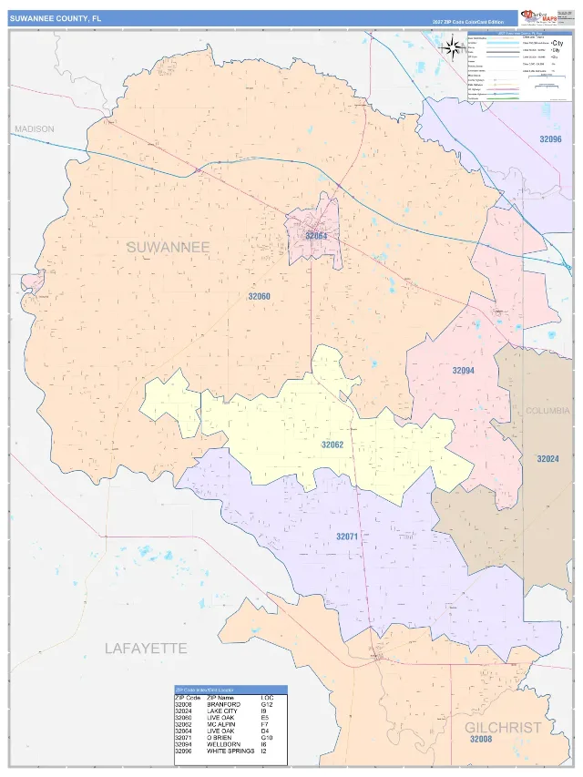 Suwannee County, FL ZIP Code Wall Map, ColorCast style