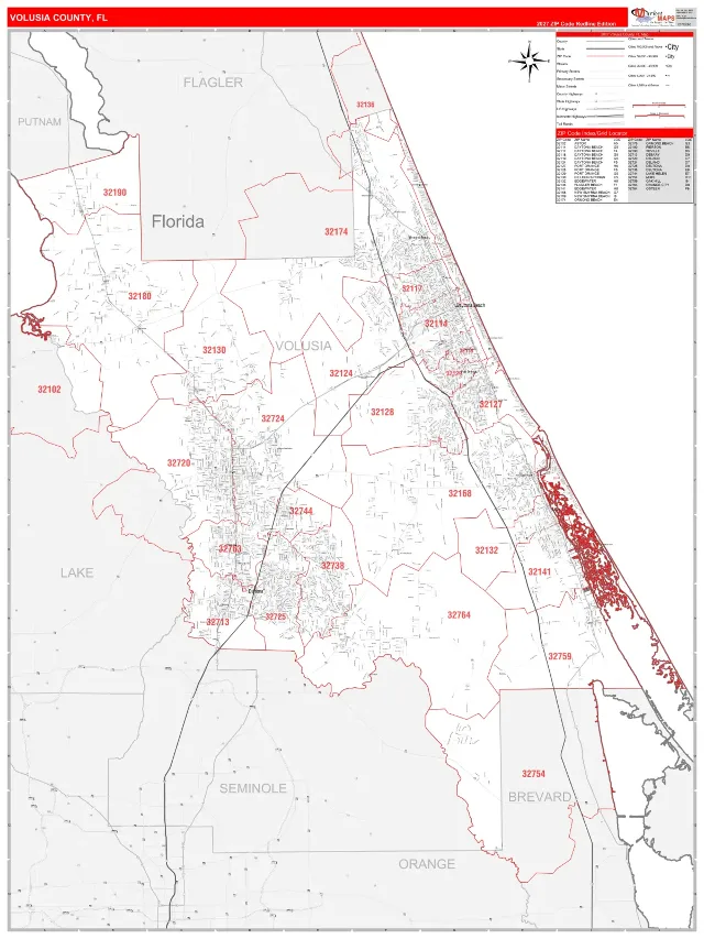 Volusia County, FL ZIP Code Wall Map, RedLine style