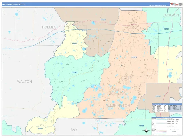 Washington County, FL ZIP Code Wall Map, ColorCast style