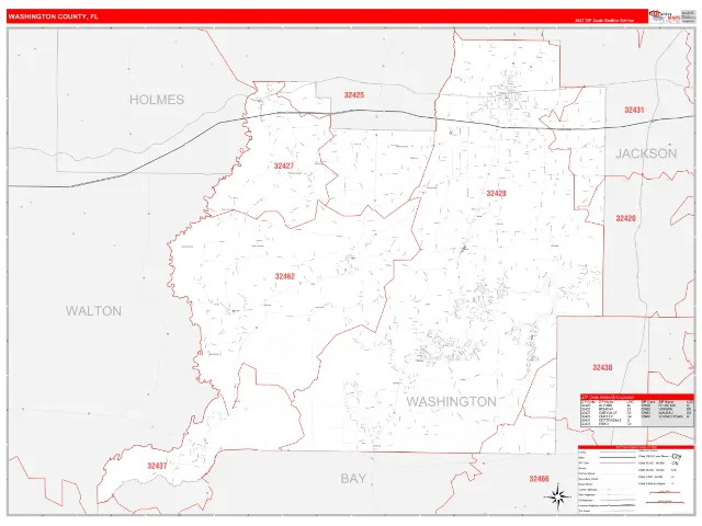 Washington County, FL ZIP Code Wall Map, RedLine style