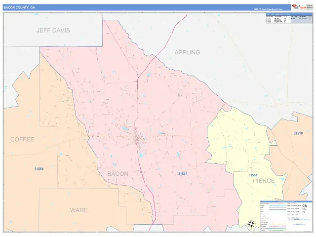 Bacon County, GA ZIP Code Wall Map, ColorCast style