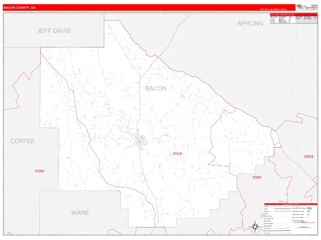 Bacon County, GA ZIP Code Wall Map, RedLine style