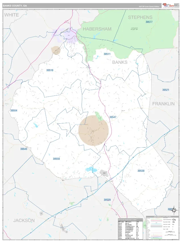 Banks County, GA ZIP Code Wall Map, Classic style