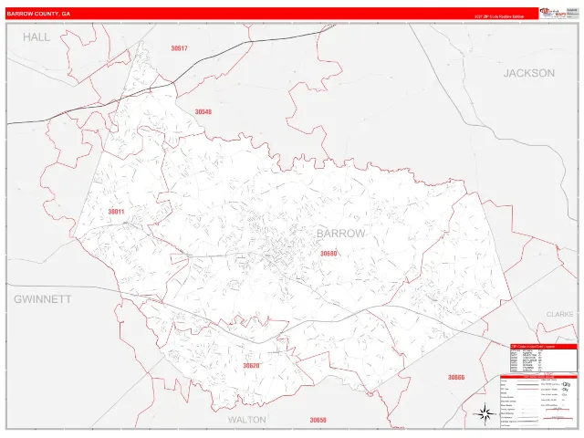 Barrow County, GA ZIP Code Wall Map, RedLine style