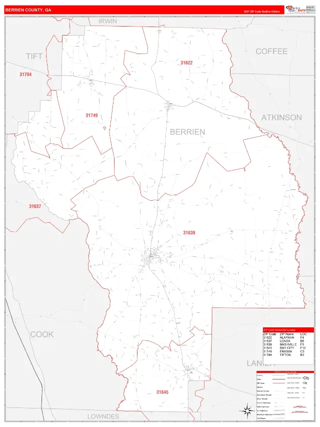 Berrien County, GA ZIP Code Wall Map, RedLine style