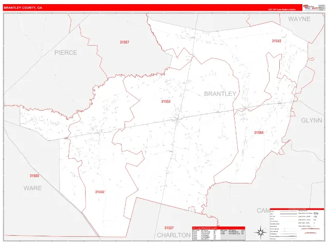 Brantley County, GA ZIP Code Wall Map, RedLine style