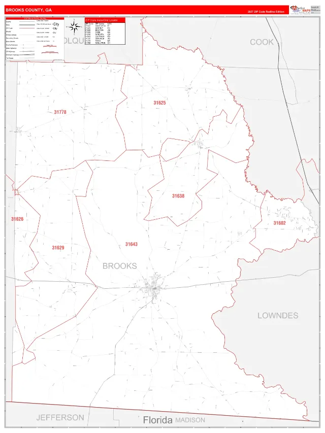 Brooks County, GA ZIP Code Wall Map, RedLine style