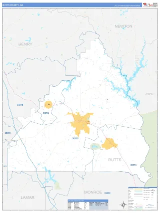 Butts County, GA Business Reference style ZIP Code wall map