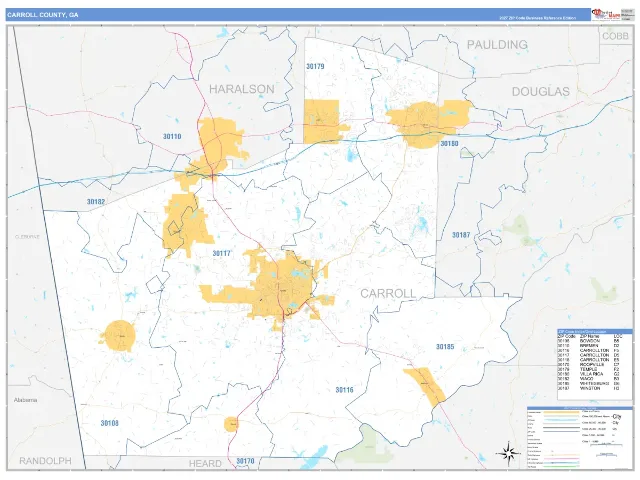 Carroll County, GA ZIP Code Wall Map, Business Reference style