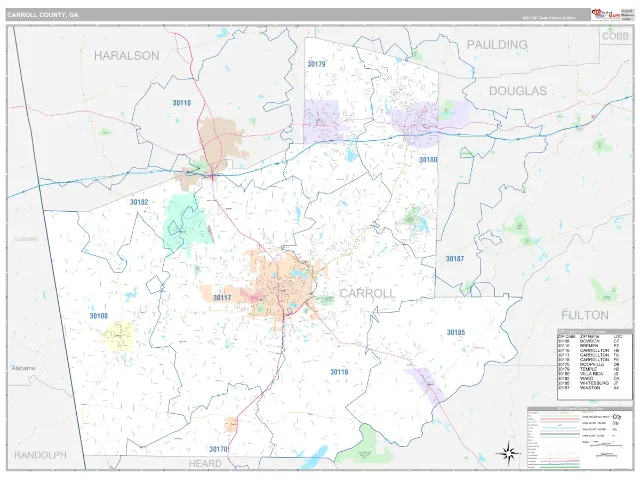 Carroll County, GA ZIP Code Wall Map, Classic style