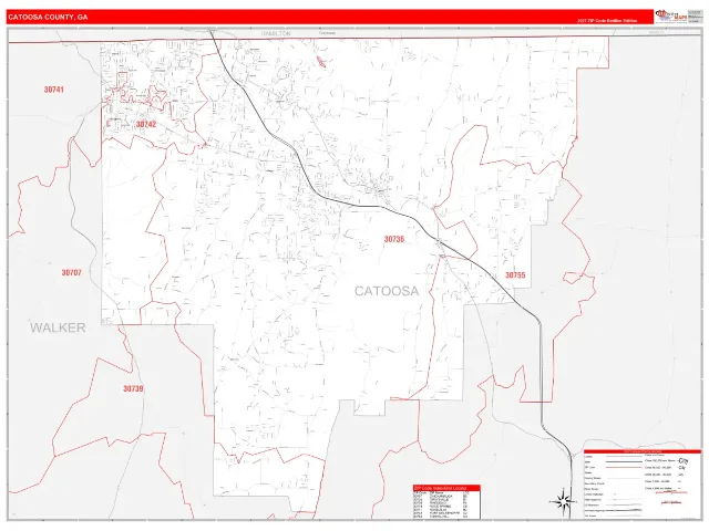 Catoosa County, GA ZIP Code Wall Map, RedLine style