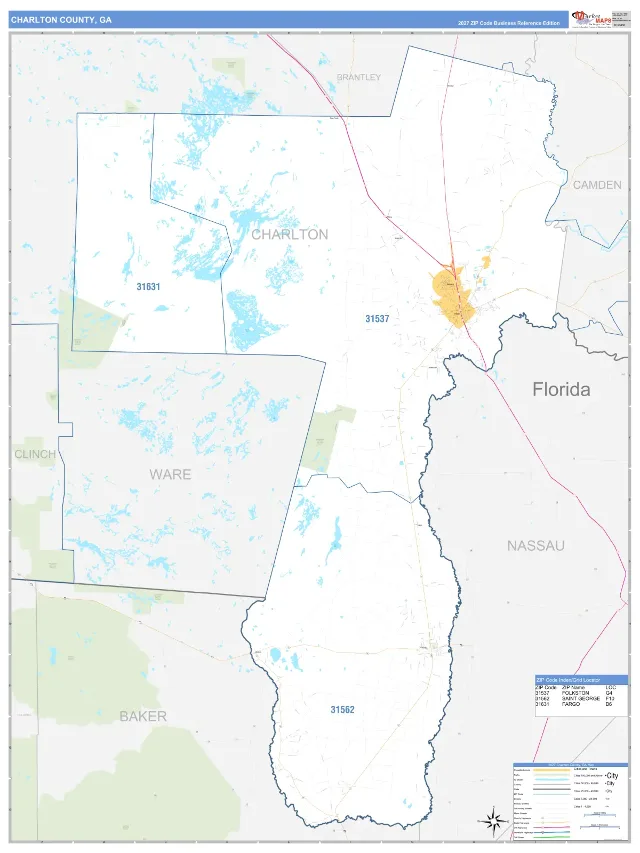 Charlton County, GA ZIP Code Wall Map, Business Reference style