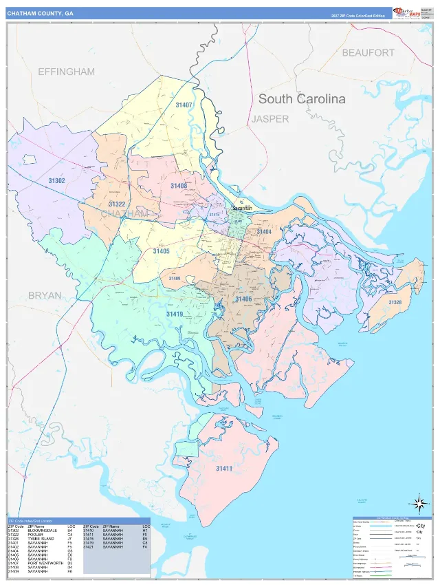 Chatham County, GA ZIP Code Wall Map, ColorCast style
