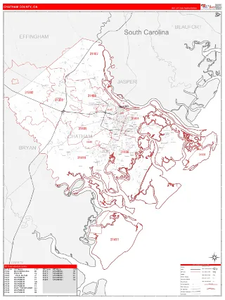 Chatham County, GA RedLine style ZIP Code wall map