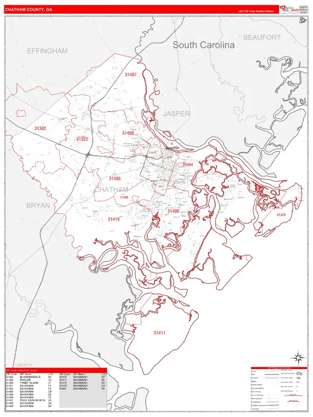 Chatham County, GA ZIP Code Wall Map, RedLine style