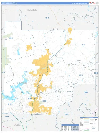 Cherokee County, GA Business Reference style ZIP Code wall map
