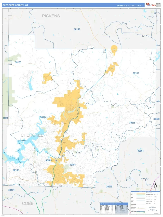 Cherokee County, GA ZIP Code Wall Map, Business Reference style