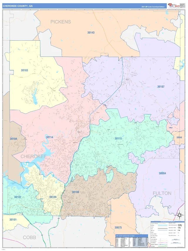Cherokee County, GA ZIP Code Wall Map, ColorCast style