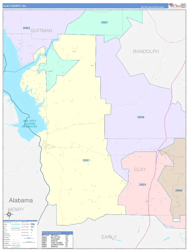 Clay County, GA ZIP Code Wall Map, ColorCast style