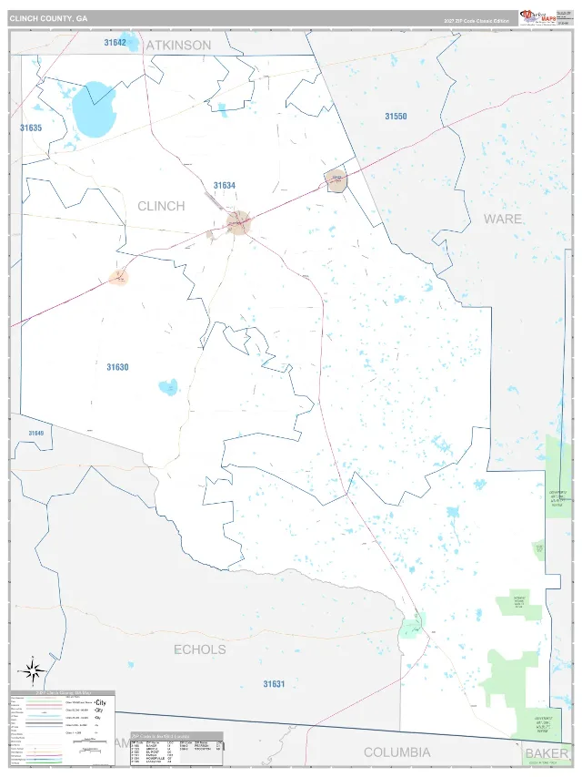Clinch County, GA ZIP Code Wall Map, Classic style