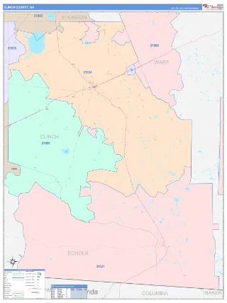 Clinch County, GA ColorCast style ZIP Code wall map