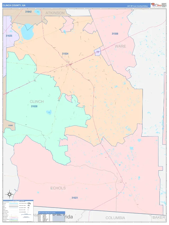 Clinch County, GA ZIP Code Wall Map, ColorCast style