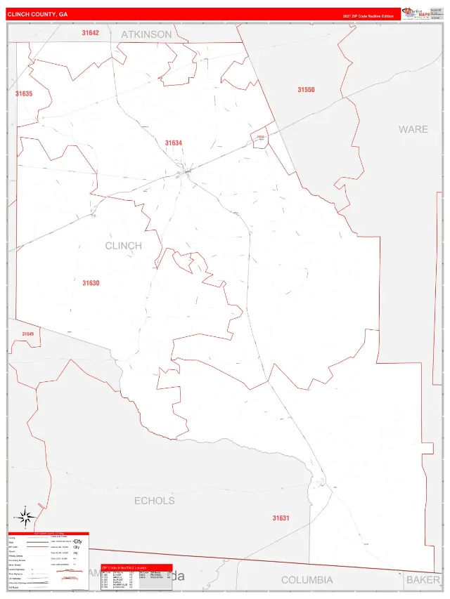 Clinch County, GA ZIP Code Wall Map, RedLine style