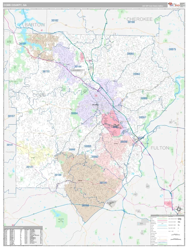 Cobb County, GA ZIP Code Wall Map, Classic style