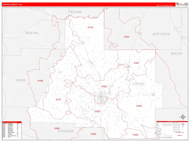 Coffee County, GA ZIP Code Wall Map, RedLine style