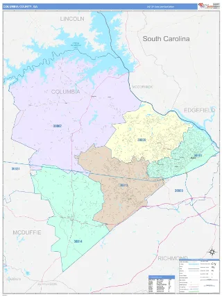 Columbia County, GA ColorCast style ZIP Code wall map