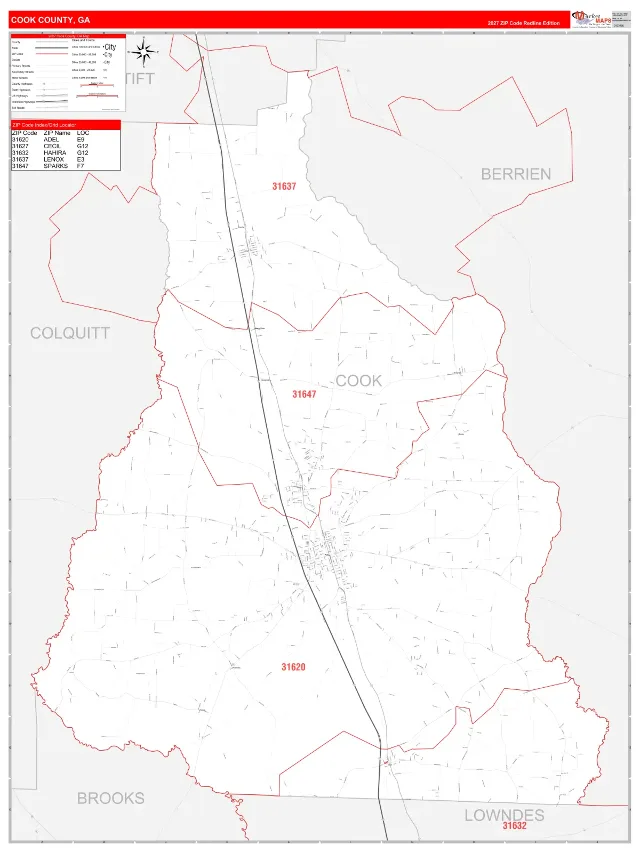 Cook County, GA ZIP Code Wall Map, RedLine style