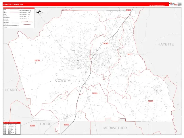 Coweta County, GA ZIP Code Wall Map, RedLine style