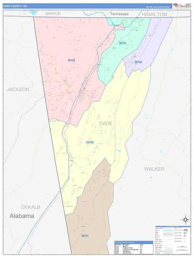 Dade County, GA ZIP Code Wall Map, ColorCast style