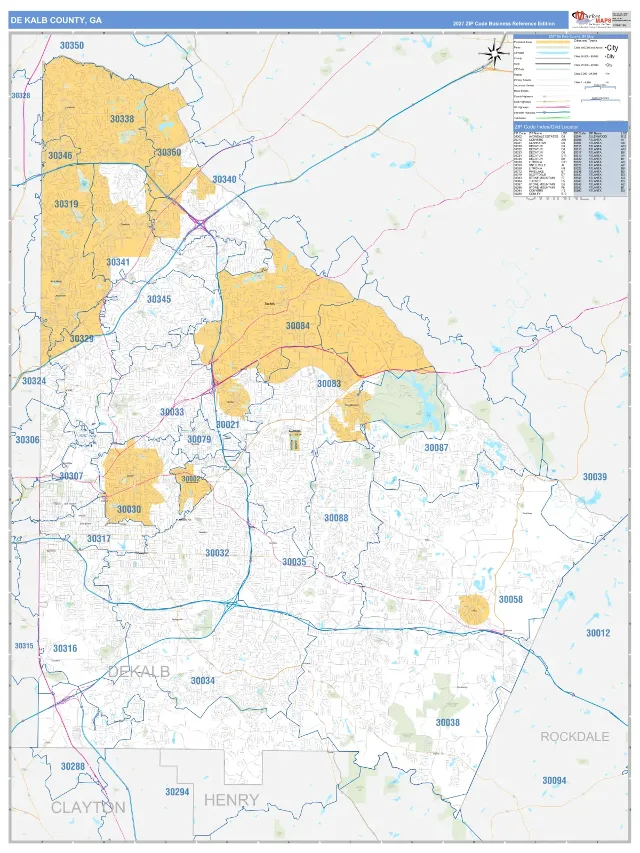 DeKalb County, GA ZIP Code Wall Map, Business Reference style