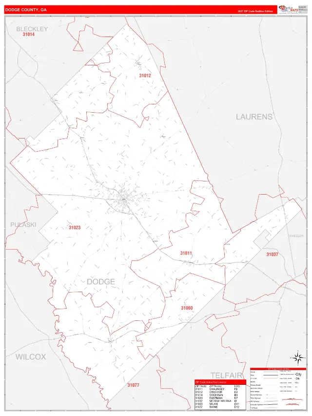 Dodge County, GA ZIP Code Wall Map, RedLine style