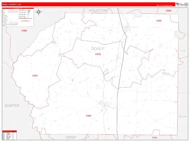 Dooly County, GA ZIP Code Wall Map, RedLine style
