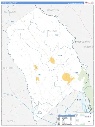 Effingham County, GA Business Reference style ZIP Code wall map