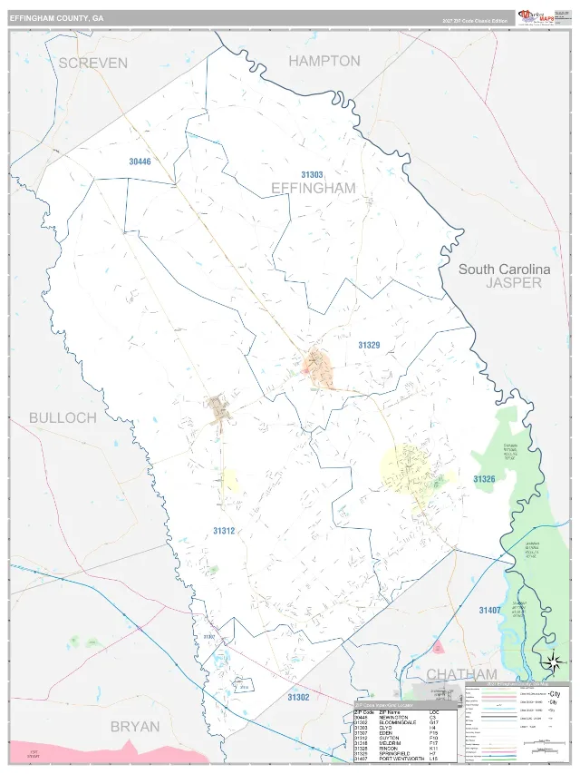 Effingham County, GA ZIP Code Wall Map, Classic style