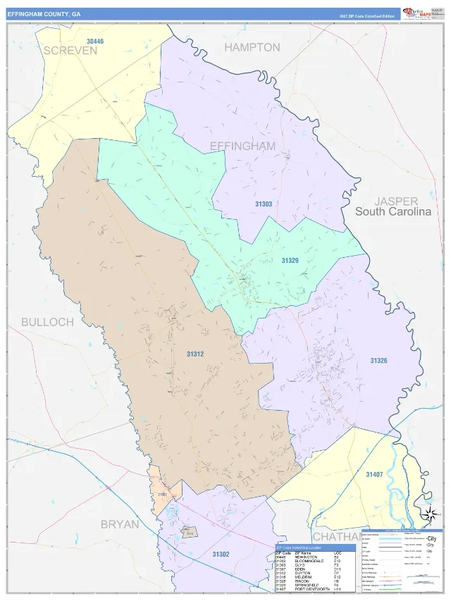 Effingham County, GA ZIP Code Wall Map, ColorCast style