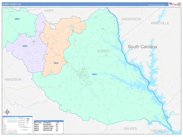 Elbert County, GA ZIP Code Wall Map, ColorCast style