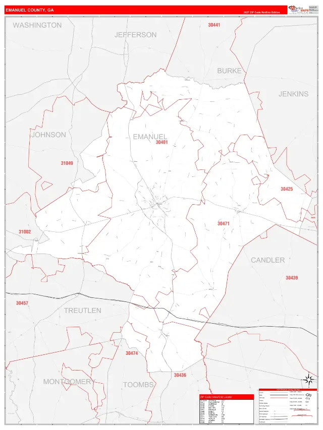 Emanuel County, GA ZIP Code Wall Map, RedLine style