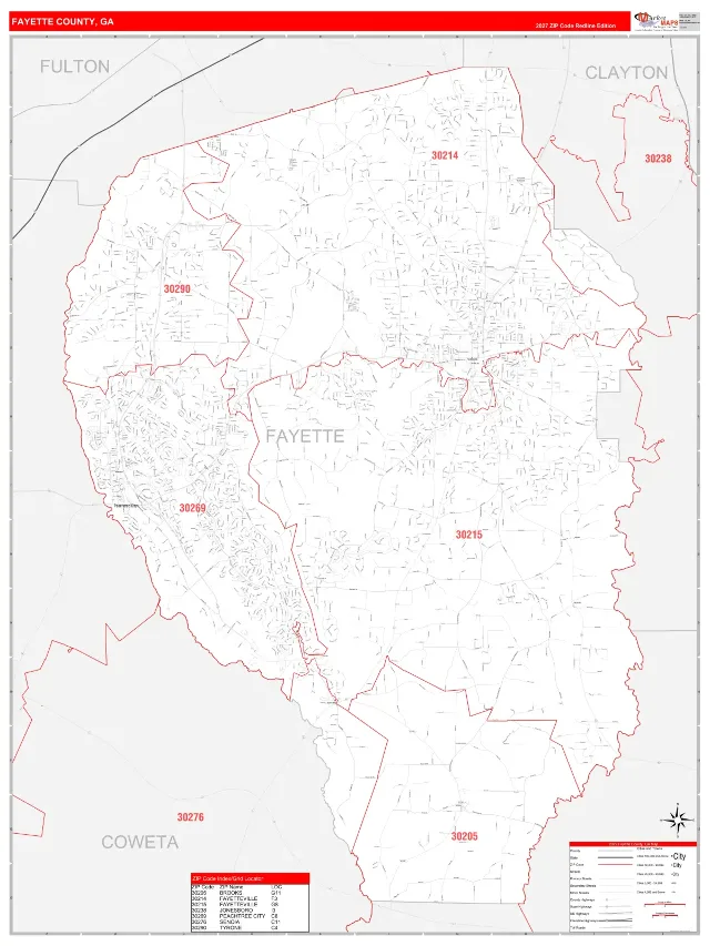 Fayette County, GA ZIP Code Wall Map, RedLine style
